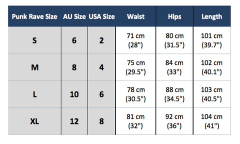 Punk Rave K-260 size chart