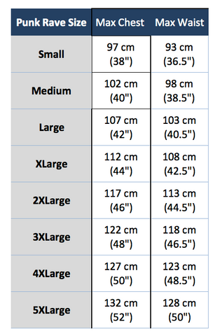 Punk Rave Y-598 size chart