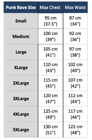 punk rave y-718 size chart