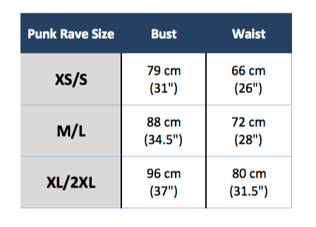 Punk Rave WT-493 Size chart