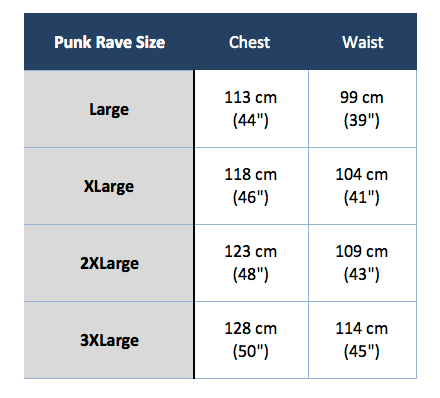 Punk Rave y-261 size chart