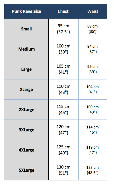 punk rave y-812 size chart