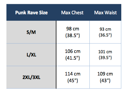 punk rave t-464 size chart