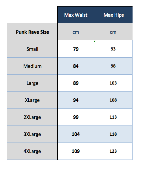 punk rave k-145 size chart