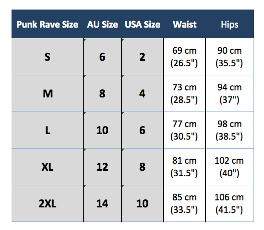 tableau des tailles punk rave q-286