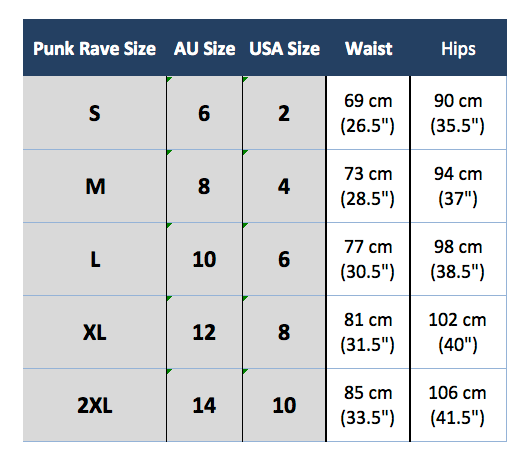 punk rave q-286 size chart