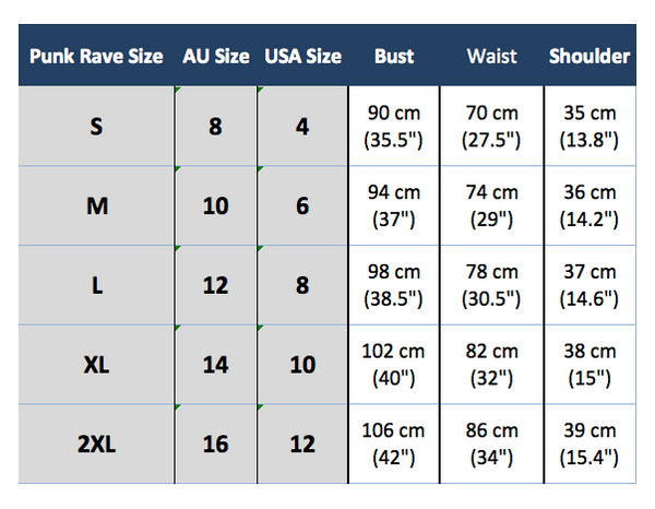 Punk rave y-880 size chart