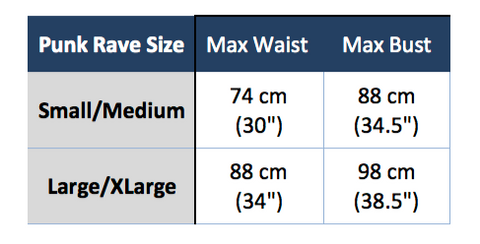 Punk Rve T-340 Size chart