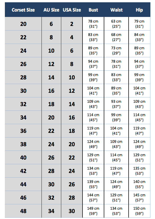 plus size corset dress size chart