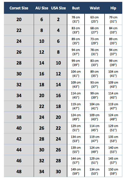 Corset dress size chart