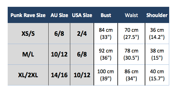 punk rave y-789 size chart