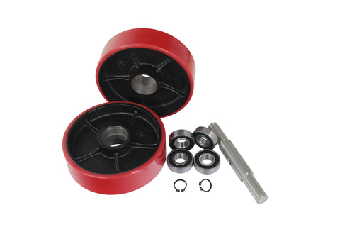 Replacement pallet jack wheels and bearings including axle and clips