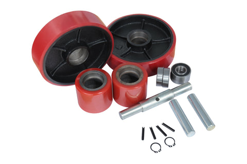 Pallet jack replacement wheels, bearings, axles, pins, and clips.