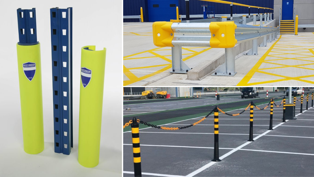 Picture of impact protection products sold on the site (rack armour, flexi delineator posts, armco safety barriers)