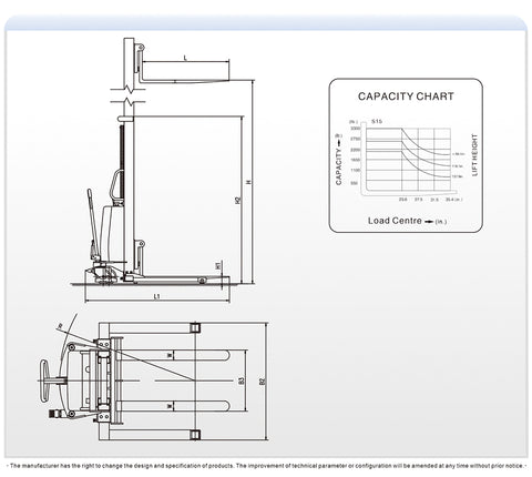 Semi-Electric Stacker technical drawing showing dimensions