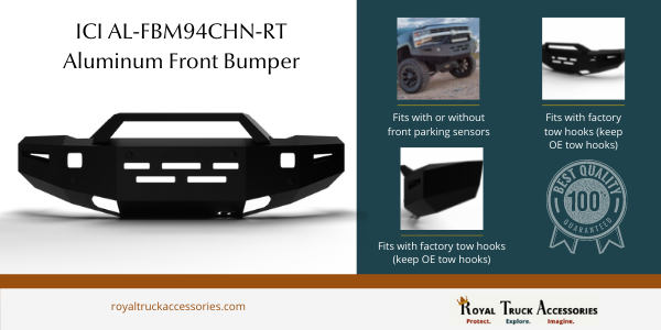 The bumper fits between the tires. No need to trim your front bumper to clear bigger tires