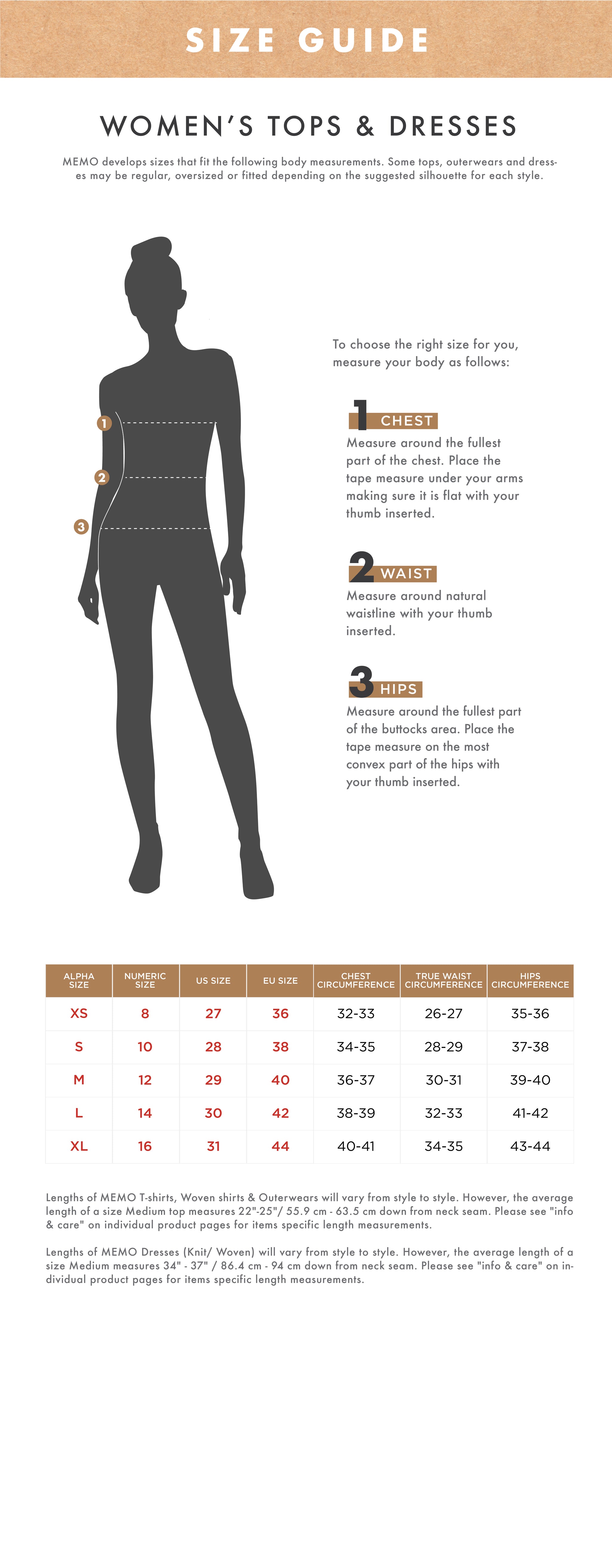 Size Guide - Women's Tops – Memo