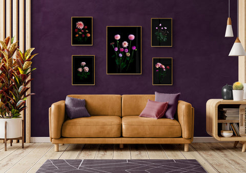 Gallery wall featuring dark botanical prints