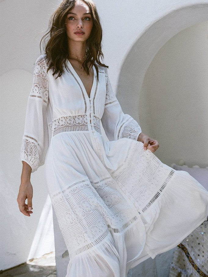 white boho dress with sleeves