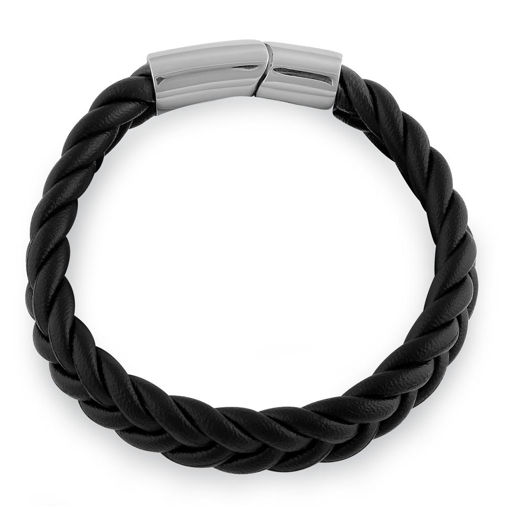 Stainless Steel Black Leather Twist Bracelet – Badass Jewelry