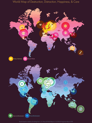 World map info-graphic with locations based on Destruction, Distraction, Happiness, and Care.