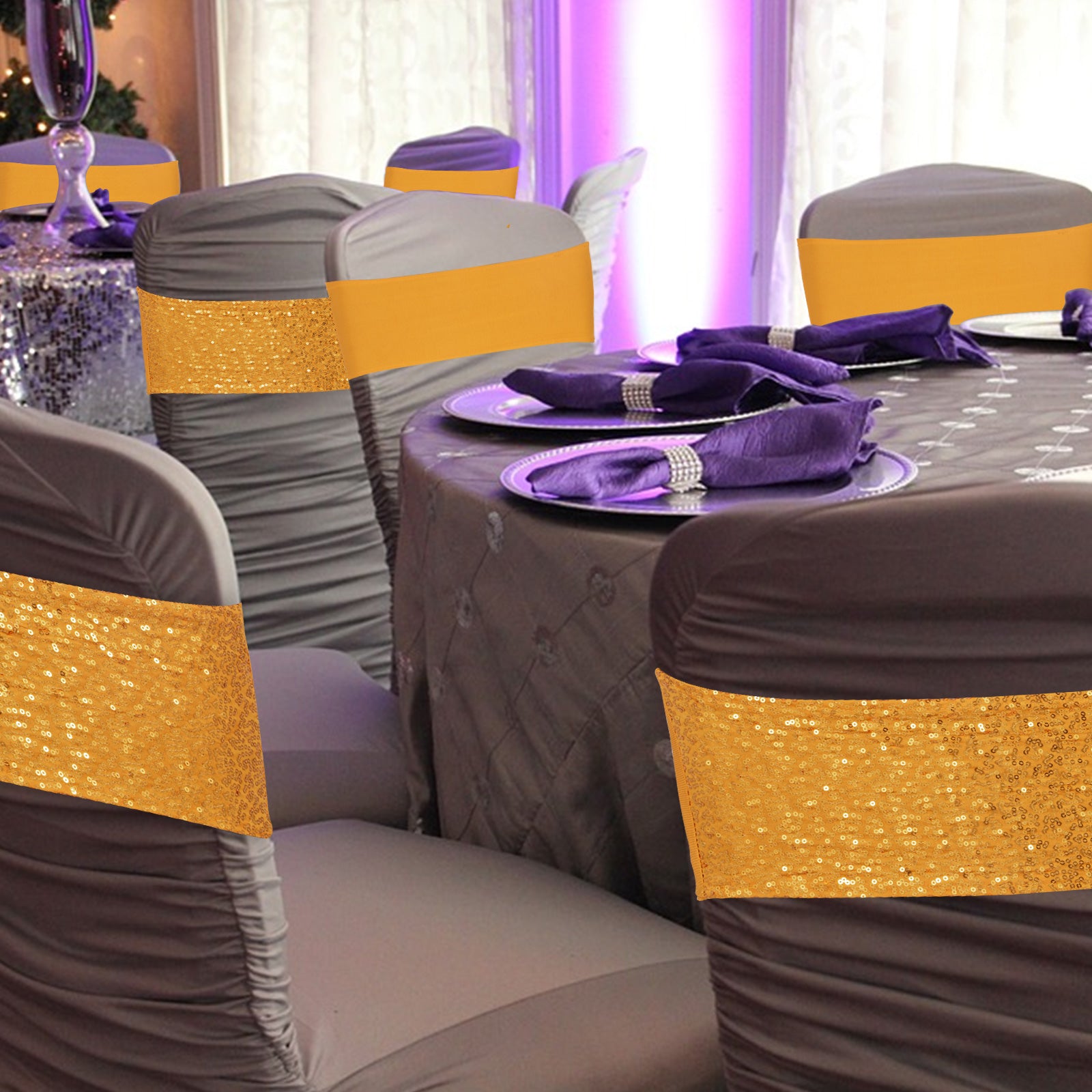 Chair Sashes Spandex Chair Sashes 100pcs Gold Elastic Sequin Bands For