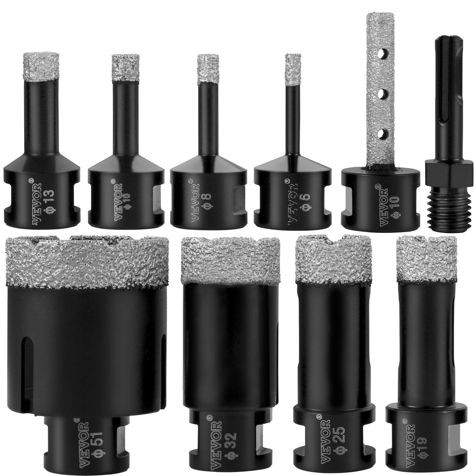 Vevor Diamond Drill Bits Hole Saw Set 6/8/10/13/19/25/32/51mm & Adapto ...