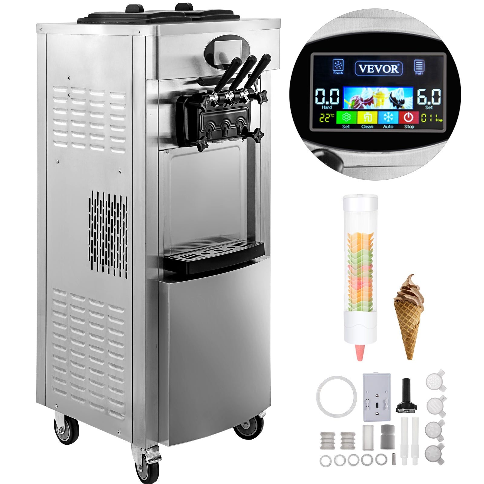 2200w Commercial Soft Ice Cream Machine 3 Flavors Pre Cooling Auto 304