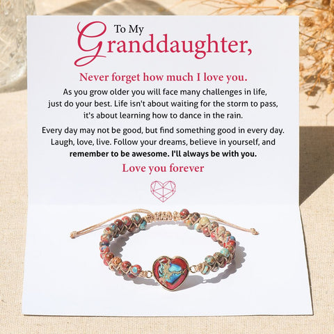 To My Granddaughter Love You Forever Jasper Heart Bracelet on a white personalized message card