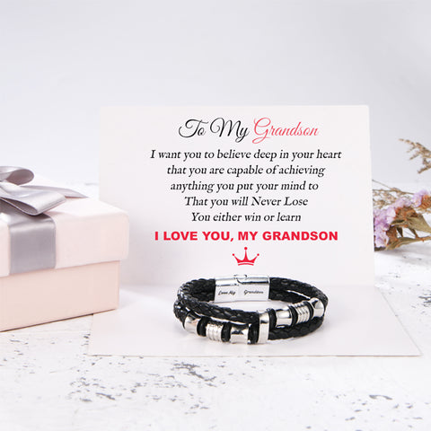 "Love My Grandson" Bracelet for Kids on a white card with personalized message