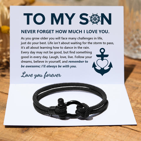 black To My Son Love You Forever Nautical Bracelet on a white customized card