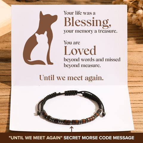Until We Meet Again Pet Memorial Morse Code Bracelet with white customize message card