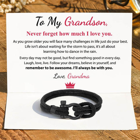 To My Grandson, I Will Always Be With You Nautical Bracelet on top of a folded note