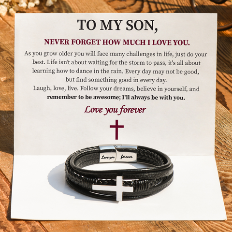 To My Son Love You Forever Cross Bracelet with a heartfelt message