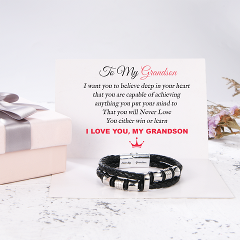 To My Grandson "Love My Grandson" Bracelet on a white card with personalized message