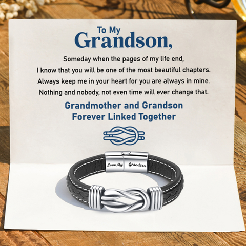 Products "Grandmother and Grandson Forever Linked Together" Braided Leather Bracelet on a white card with personalized message