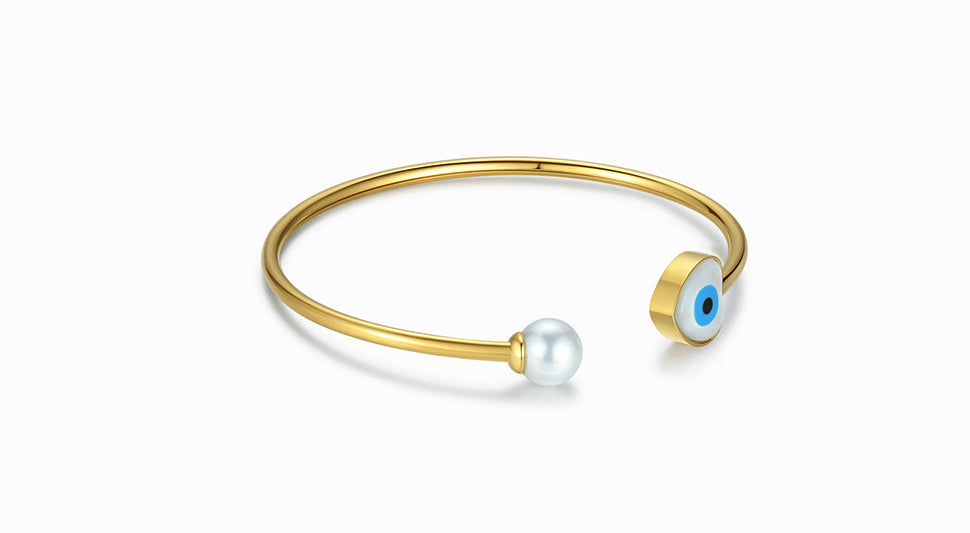 Heart and Pearl Evil Eye bangle with white background