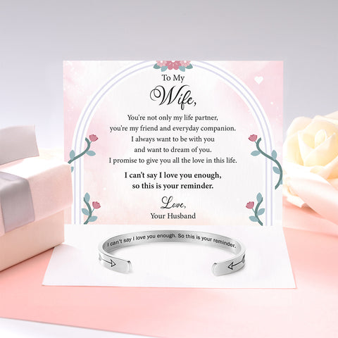 To My Wife, I Can't Say I Love You Enough Bracelet on top of SVANA design message card