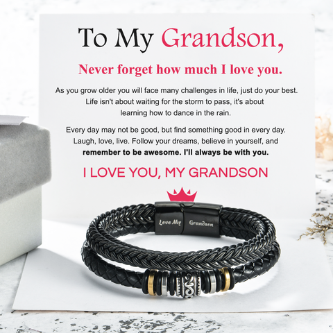 I Love You My Grandson Double Row Bracelet on a white card with personalized message