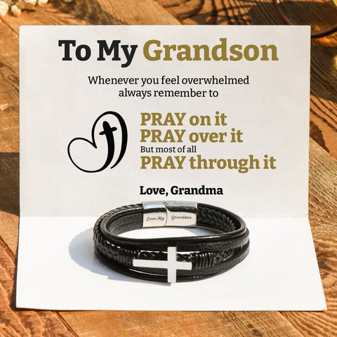 To My Grandson Pray Through It Leather Cross Bracelet on a SVANA Design message card