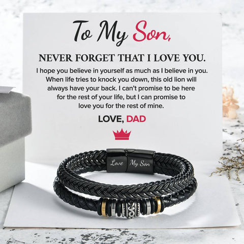 To My Son, I’ll Always Have Your Back Leather Bracelet on a white personalized message card