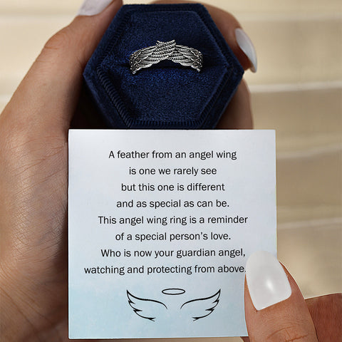 Personalized Memorial Angel Wing Ring inside the hexagon box with a meaningful message card