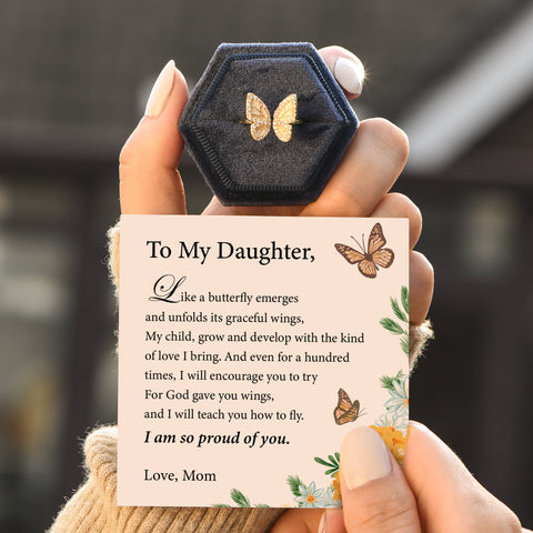 To My Daughter Sculpted Butterfly Ring with a heartfelt note