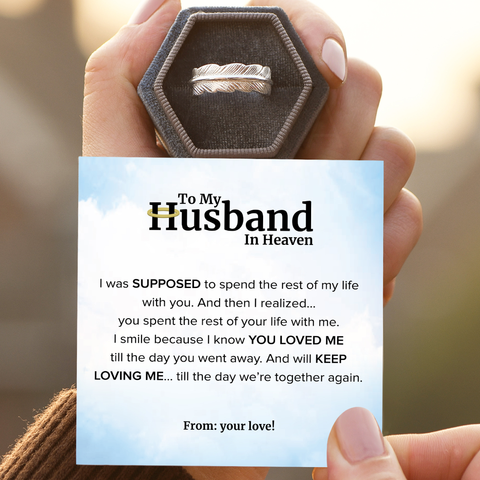 To My Husband in Heaven Personalized Plume Ring with a SVANA Design message card