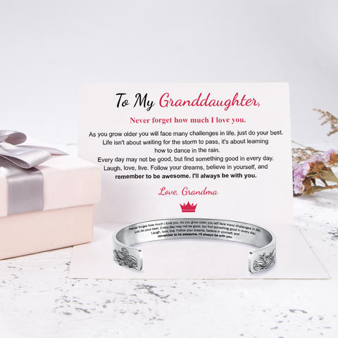 To My Granddaughter, I Will Always Be With You Bracelet on a white card with personalized message