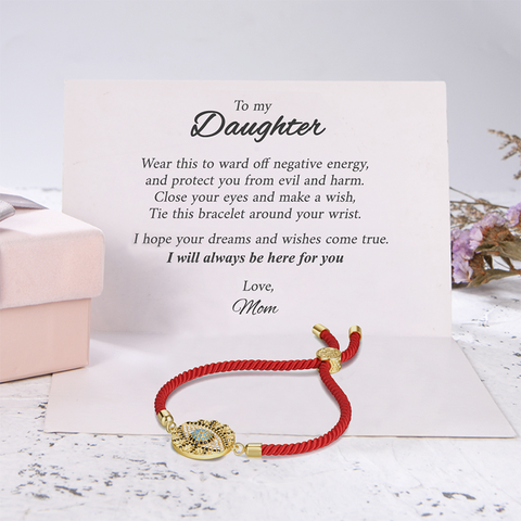 Evil Eye Red String Protection Bracelet with a simple message card