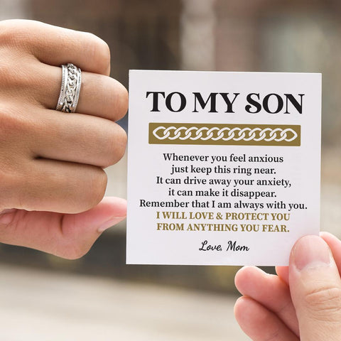 To My Son, Drive Away Your Anxiety Chain Fidget Ring with a meaningful message card