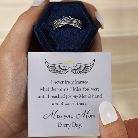 To My Mom in Heaven Personalized Angel Wing Ring with a personalized message card