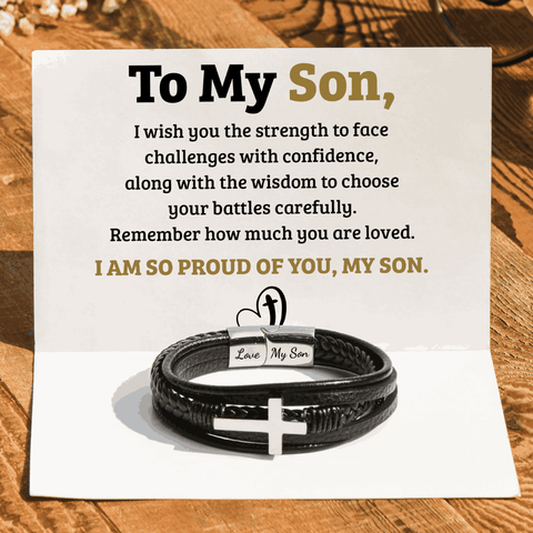 To My Son, I Am So Proud Of You Leather Cross Bracelet with a heartwarming message