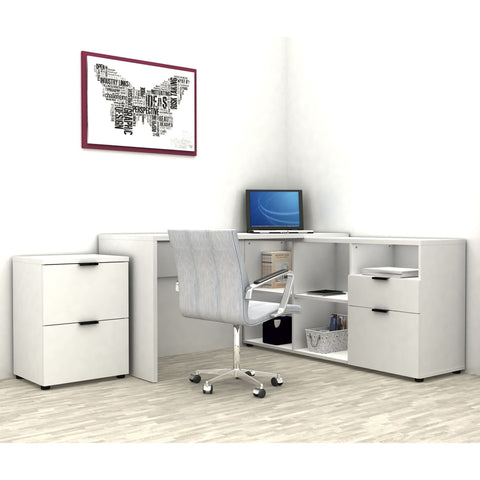 White filing cabinet placement decoration image next to white desk